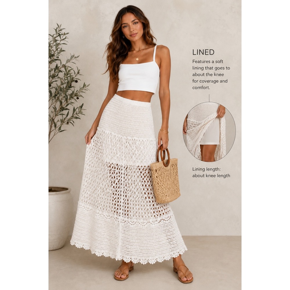 LIV Los Angeles Crochet Maxi Skirt Cream Lined Boho NWT Size Small